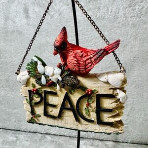 Vintage Cardinal "PEACE" Hanging Sign – Winter Pine & Holly Red Bird Christmas